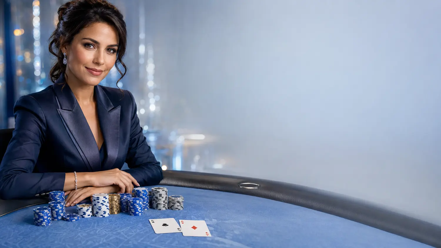 Rolex9 VIP casino table with female host, poker chips and playing cards